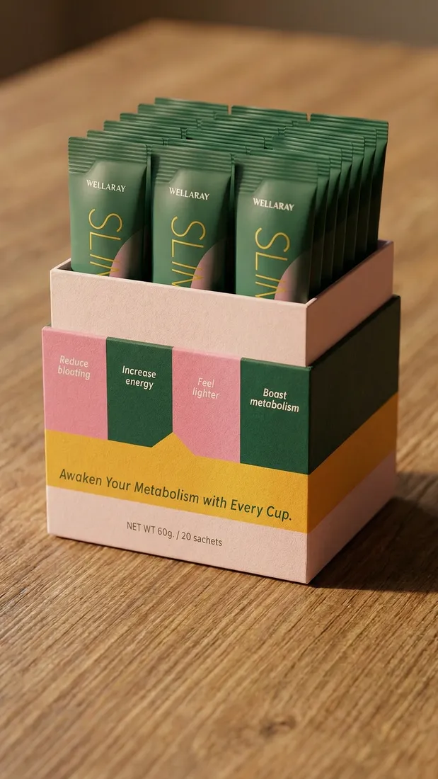 Boîte Slim Coffee Booster ouverte avec 20 sticks verts sur une table en bois
