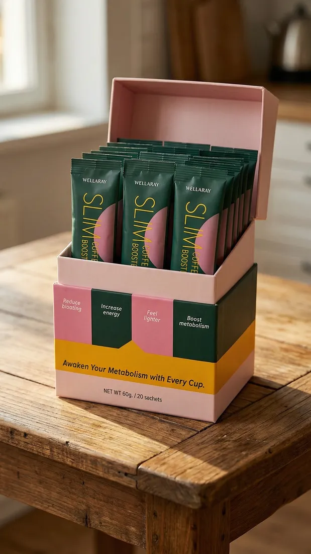 Wellaray Slim Coffee Booster Verpackung geöffnet auf einem rustikalen Küchentisch