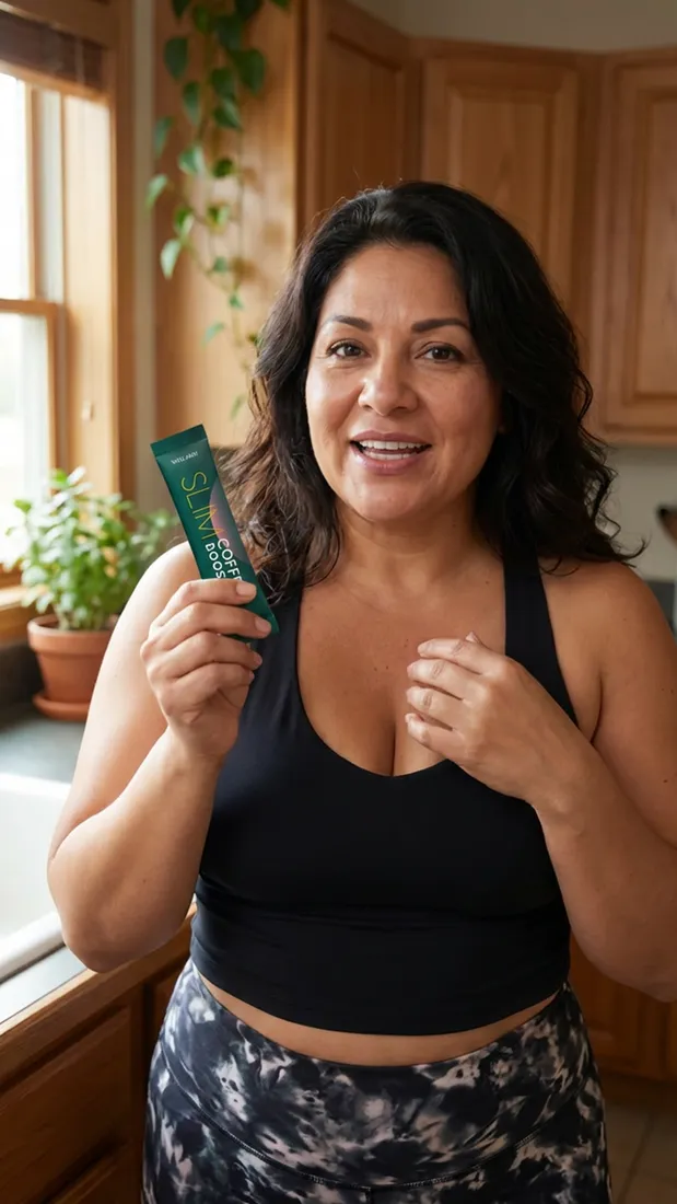 Frau hält einen Slim Coffee Booster Portionsstick in der Hand